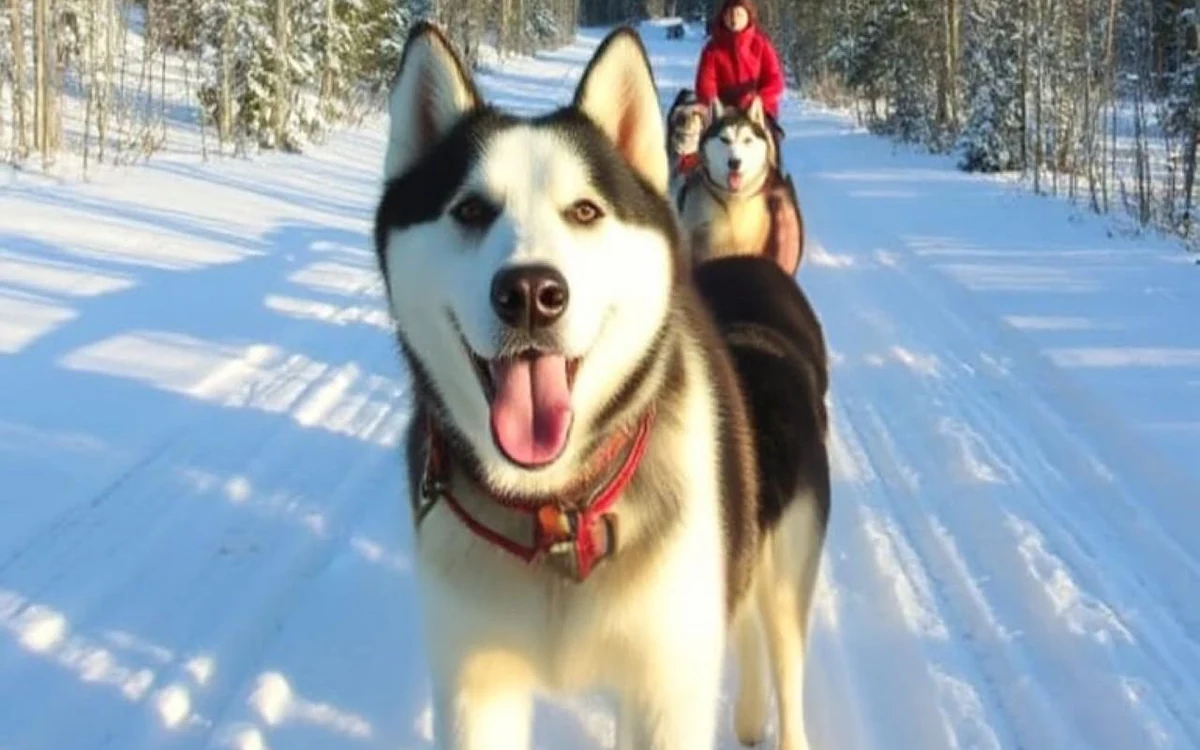 A team of huskies in harness on a snowy forest trail in Levi, Finnish Lapland