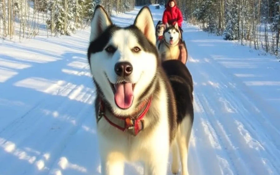 A husky in harness looking at the camera on a snowy forest track with a sled behind