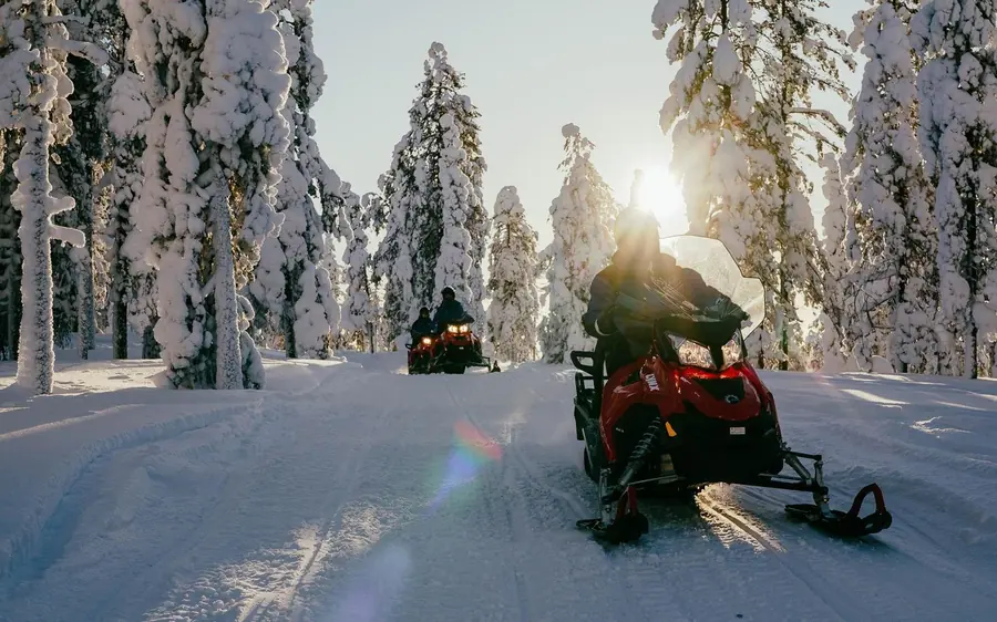 Two snowmobiles on a forest track with low sun through snow-covered trees