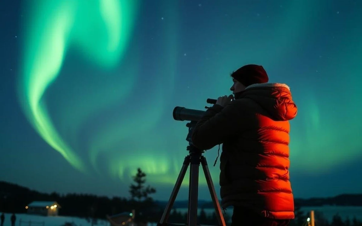 A telescope set up on the snow under the winter stars near Levi in Lapland